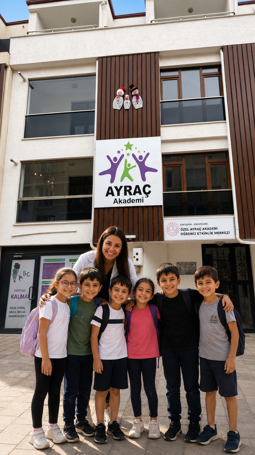 Ayraç Akademi binasının önünde öğrenciler ve bir eğitimci
