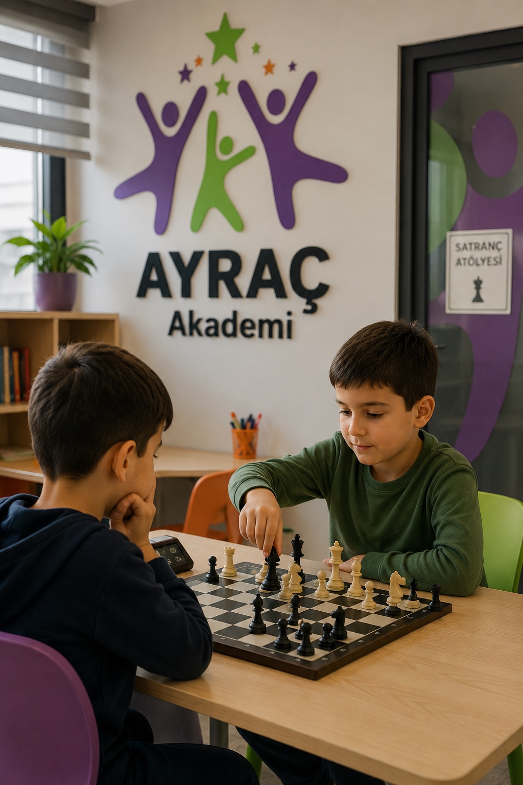 Ayraç Akademi logosu önünde satranç oynayan öğrenciler
